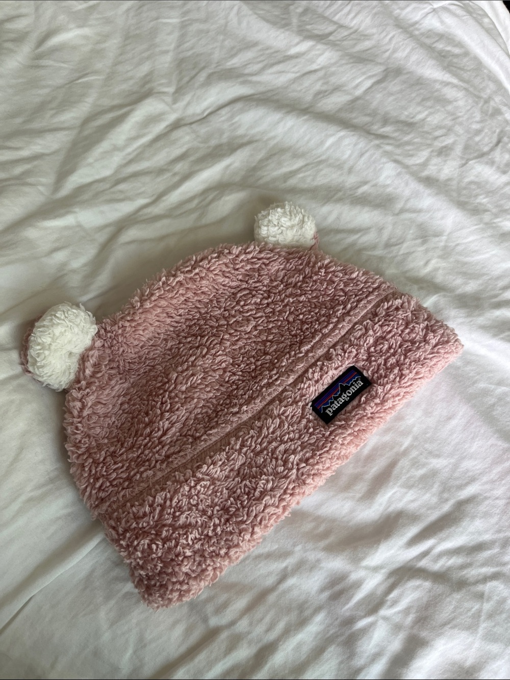 Patagonia Pink Sherpa Kids Beanie with White Pom-Poms